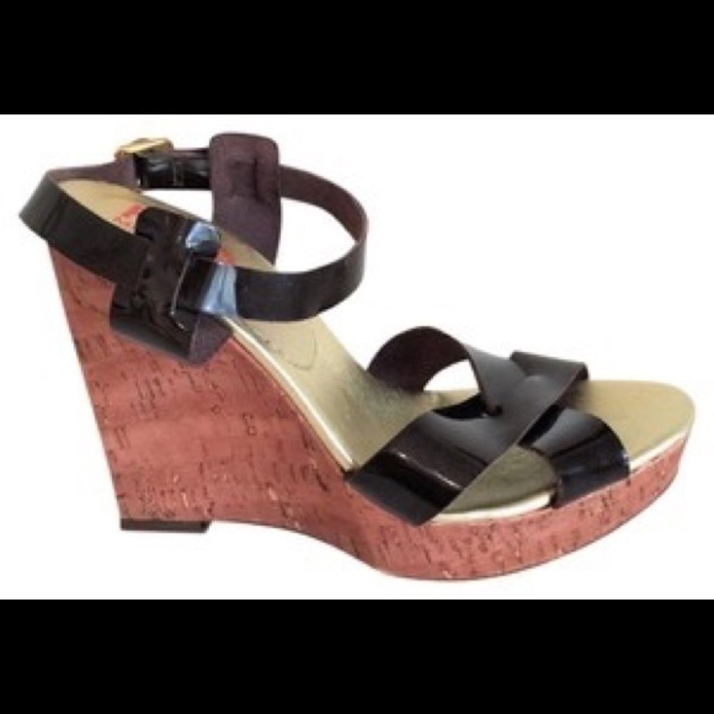 Michael Kors Brown patent leather cork wedge strappy sandals peep toe size 6.5